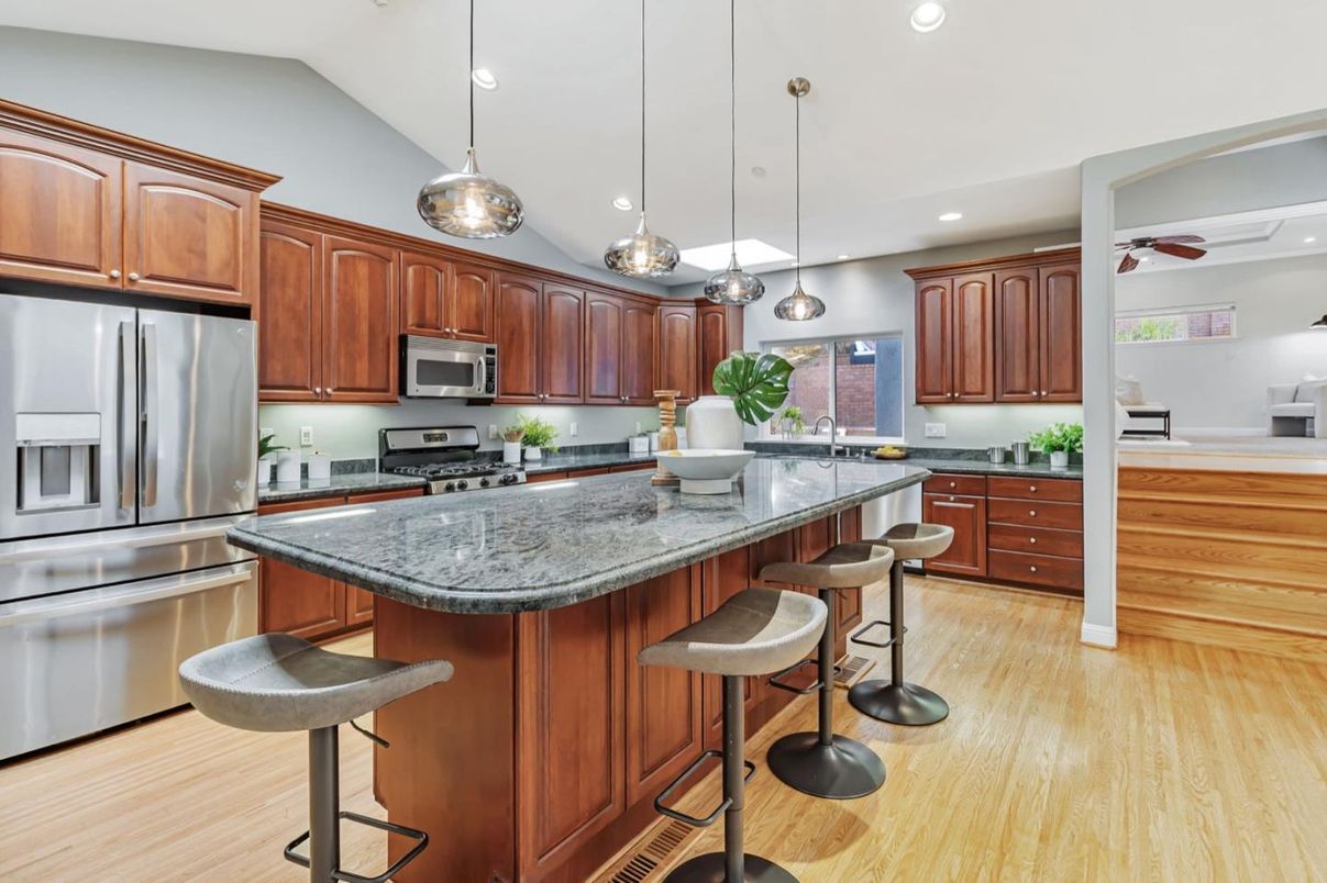 Interior, Kitchen, Pendant Lights, Recessed Lighting, Stainless Steel Appliances, Wood Texture Flooring