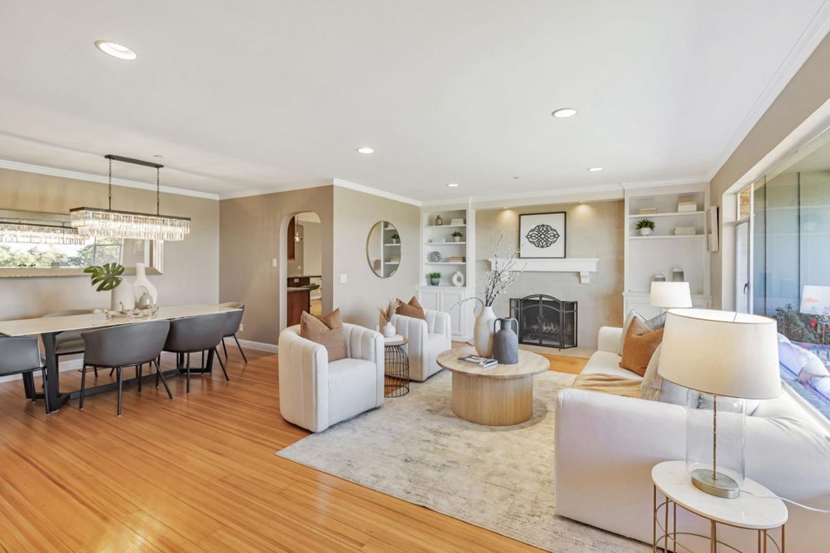 Dining room, Fireplace, Interior, Living room, Pendant Lights, Recessed Lighting, Wood Texture Flooring