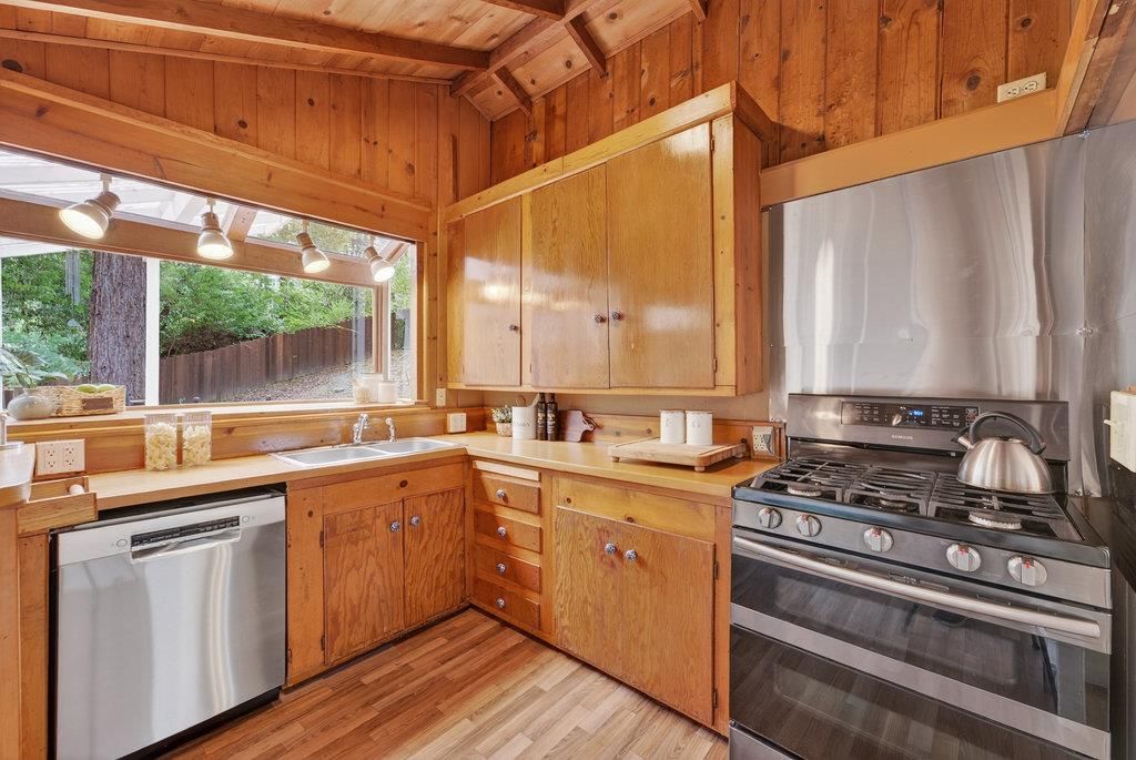 Interior, Kitchen, Stainless Steel Appliances, Wooden Beams, Wooden Ceilings, Wood Texture Flooring, Wooden Walls