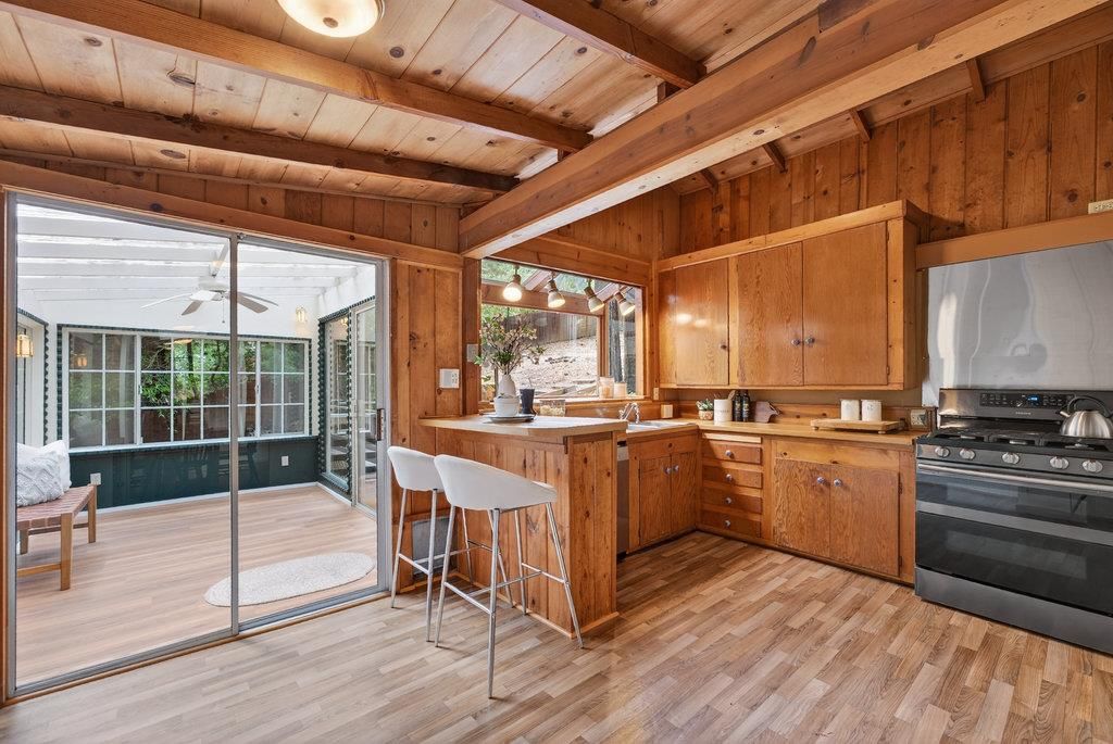 Interior, Kitchen, Stainless Steel Appliances, Wooden Beams, Wooden Ceilings, Wood Texture Flooring, Wooden Walls