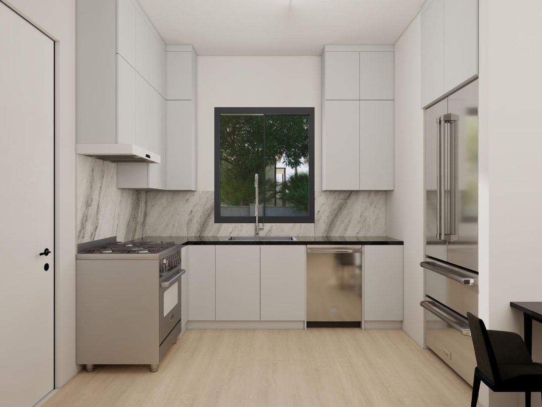 Interior, Kitchen, Marble Walls, Stainless Steel Appliances, Wood Texture Flooring