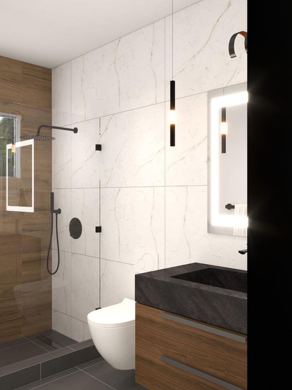Bathroom, Glass Shower, Interior, Marble Walls