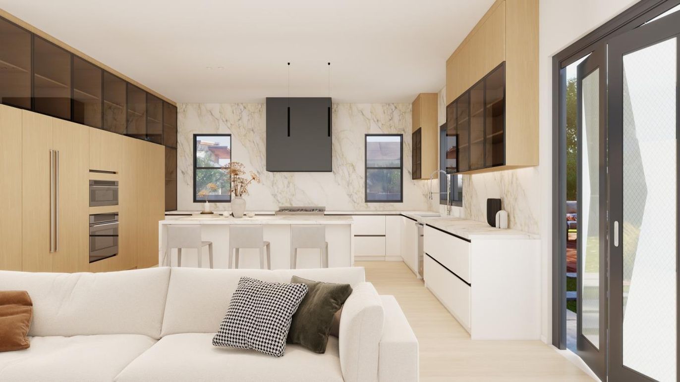 Interior, Kitchen, Living room, Marble Walls, Pendant Lights, Stainless Steel Appliances, Wood Texture Flooring