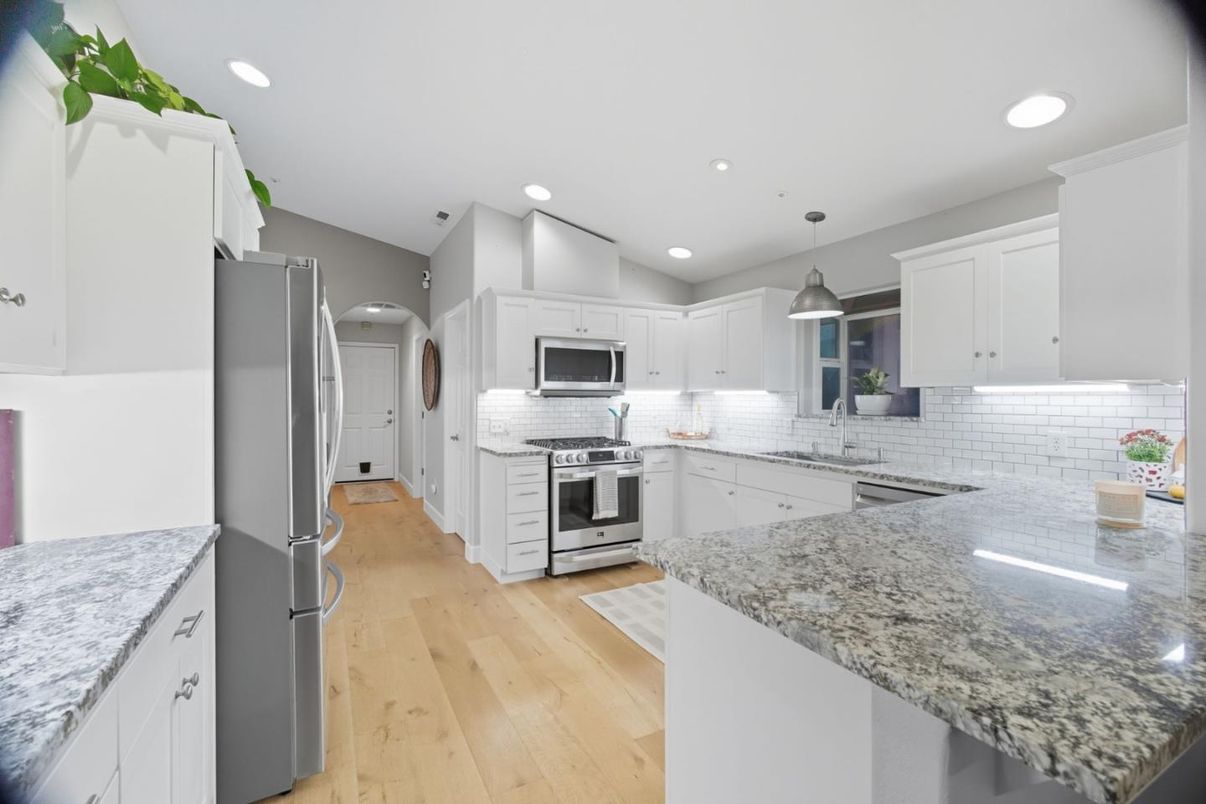 Interior, Kitchen, Pendant Lights, Recessed Lighting, Stainless Steel Appliances, Wood Texture Flooring