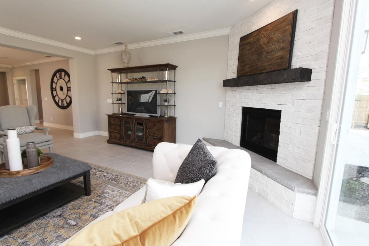 Fireplace, Interior, Living room, Recessed Lighting, Stone Walls