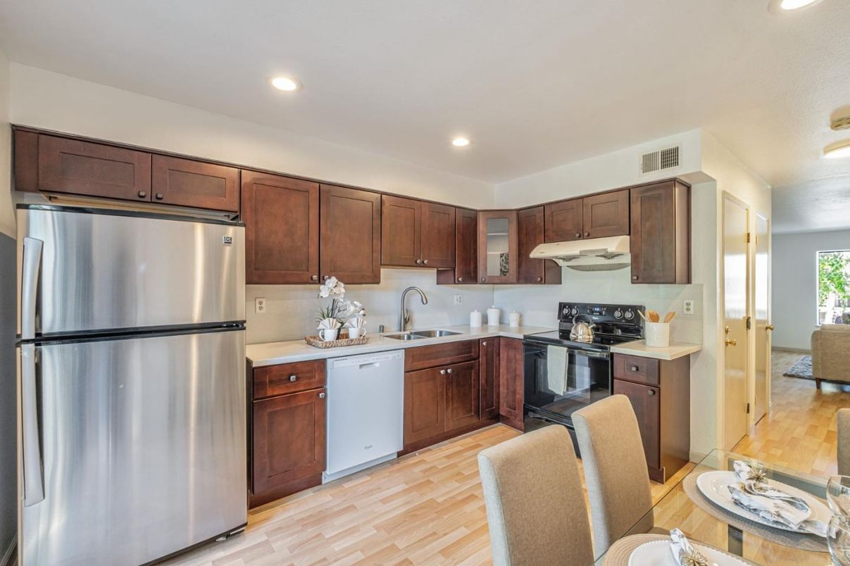 Interior, Kitchen, Recessed Lighting, Stainless Steel Appliances, Wood Texture Flooring