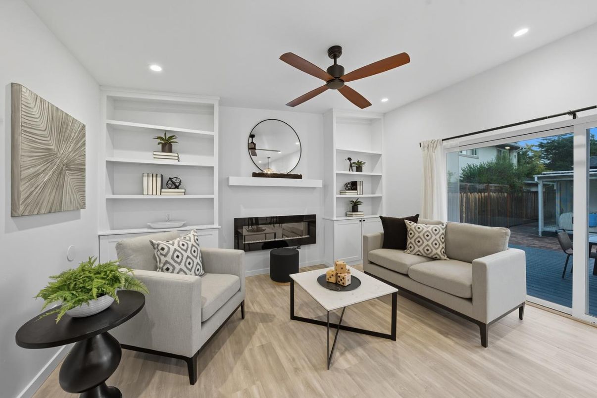 Fireplace, Interior, Living room, Recessed Lighting, Wood Texture Flooring