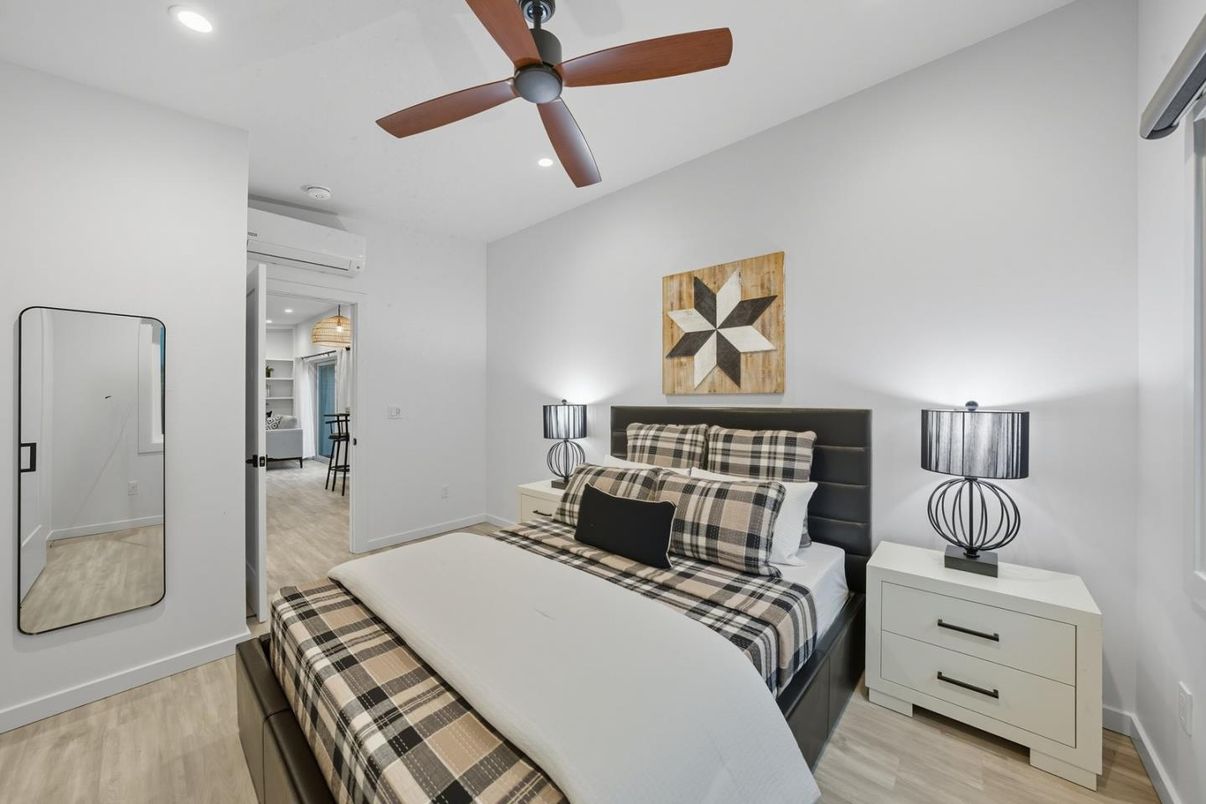 Bedroom, Interior, Recessed Lighting, Wood Texture Flooring