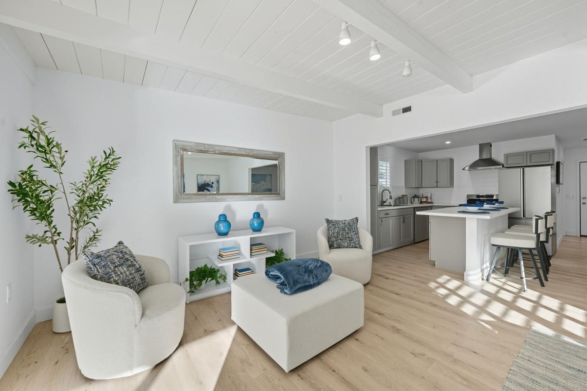 Dining room, Interior, Kitchen, Living room, Recessed Lighting, Stainless Steel Appliances, Wood Texture Flooring