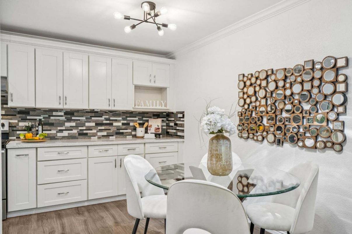 Dining room, Interior, Pendant Lights, Wood Texture Flooring