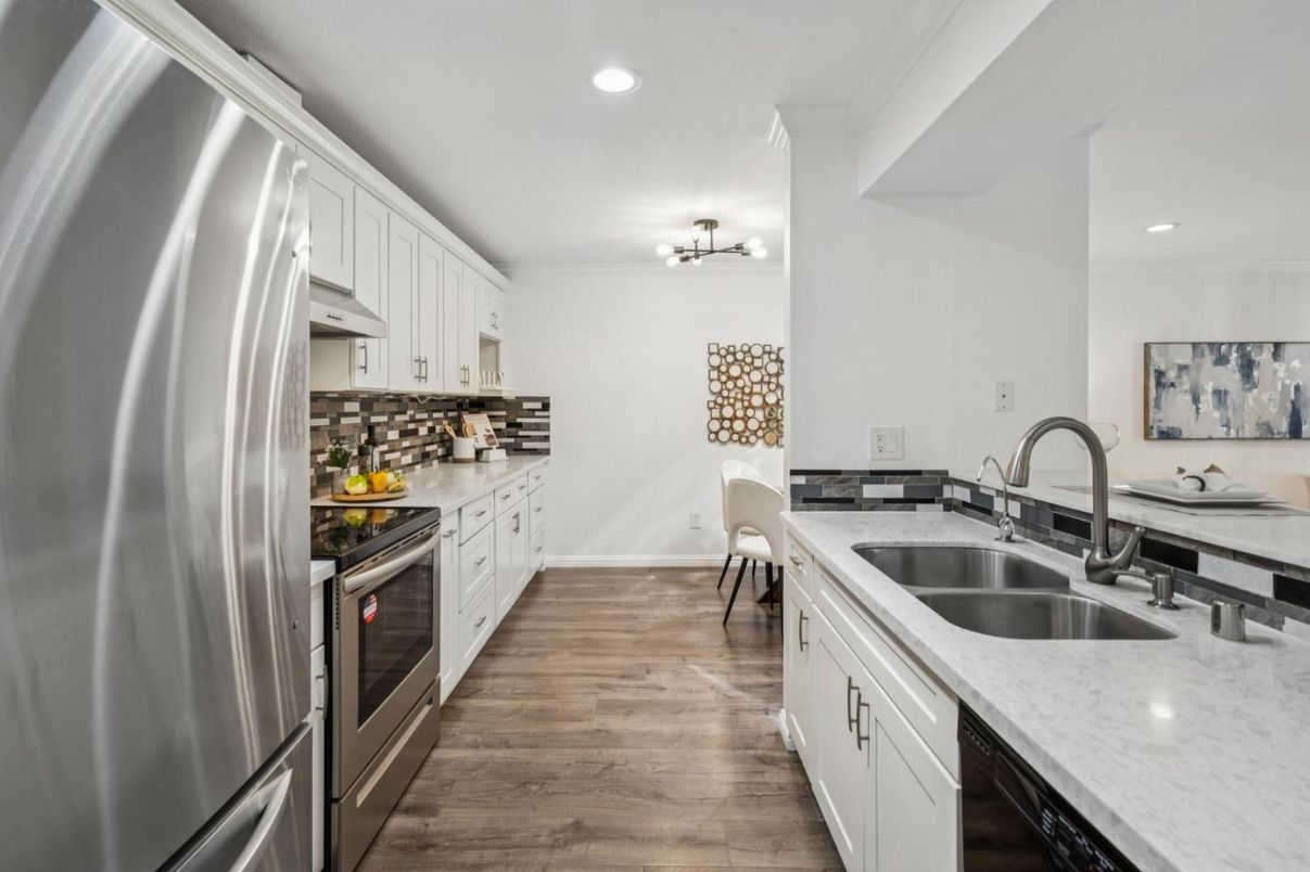Interior, Kitchen, Recessed Lighting, Stainless Steel Appliances, Wood Texture Flooring