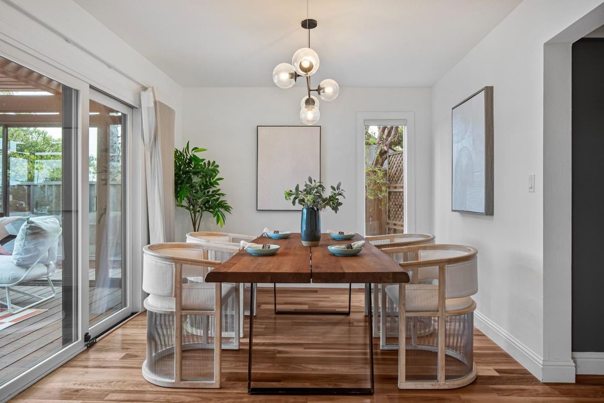 Dining room, Interior, Pendant Lights, Wood Texture Flooring