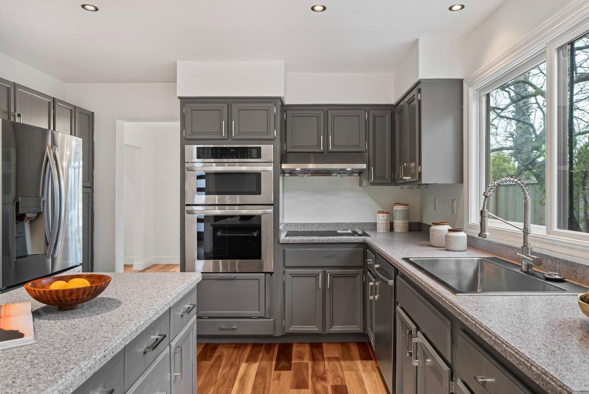 Interior, Kitchen, Recessed Lighting, Stainless Steel Appliances, Wood Texture Flooring