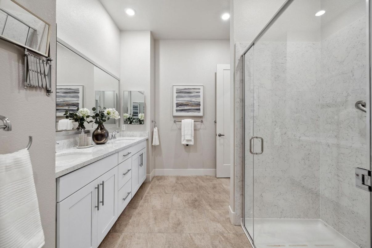 Bathroom, Dual Sink Vanities, Glass Shower, Interior, Marble Walls, Recessed Lighting
