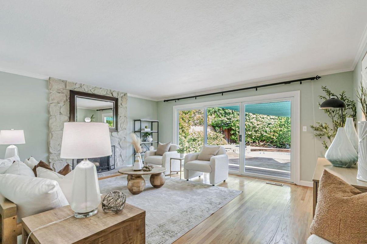 Fireplace, Interior, Living room, Stone Walls, Wood Texture Flooring