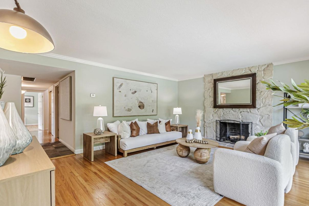 Fireplace, Interior, Living room, Stone Walls, Wood Texture Flooring