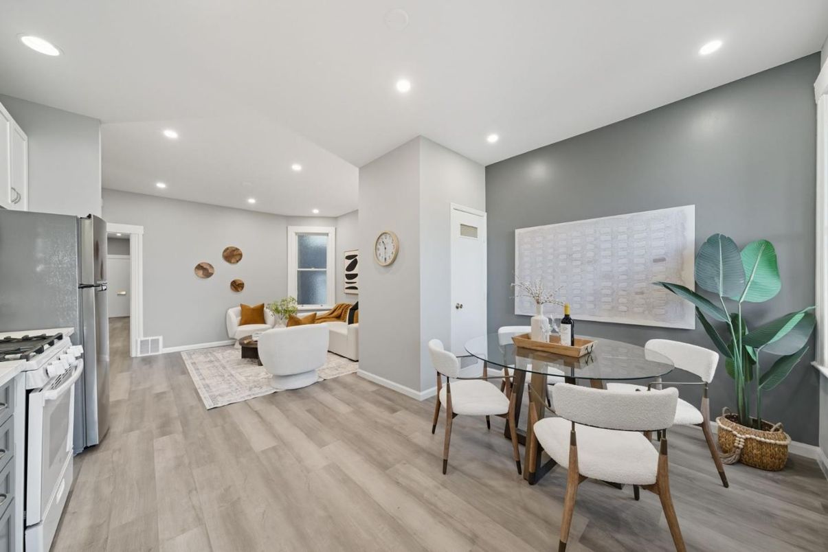 Dining room, Interior, Kitchen, Living room, Recessed Lighting, Wood Texture Flooring