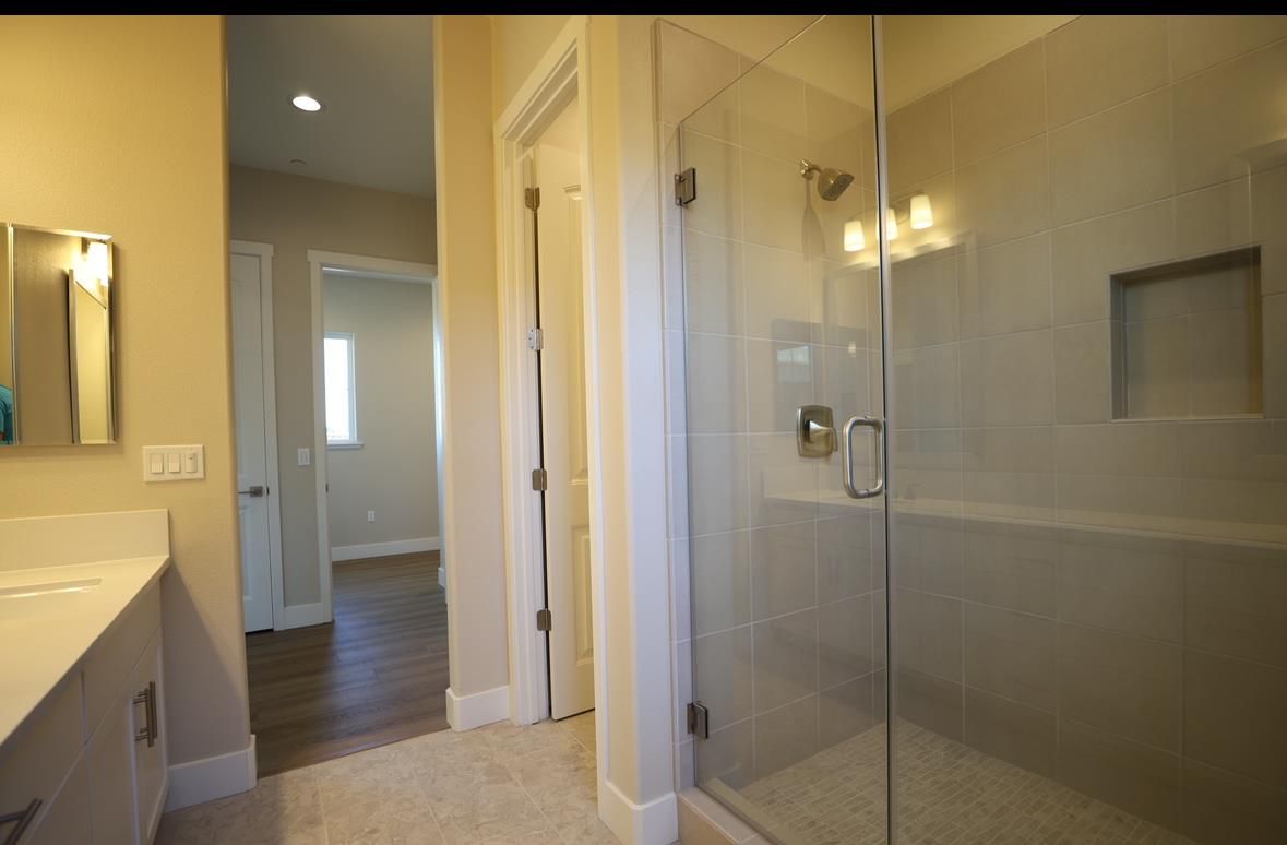 Bathroom, Glass Shower, Interior, Recessed Lighting, Wood Texture Flooring