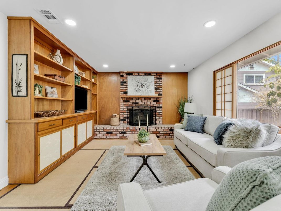 Fireplace, Interior, Living room, Recessed Lighting, Stone Walls, Wooden Walls