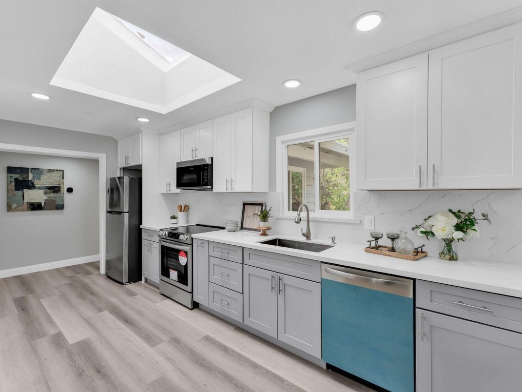 Interior, Kitchen, Recessed Lighting, Stainless Steel Appliances, Wood Texture Flooring
