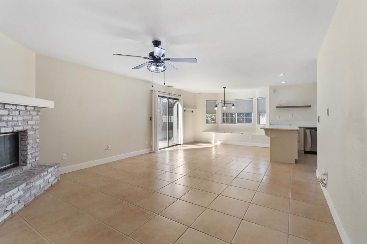 Empty room, Fireplace, Interior, Kitchen, Pendant Lights, Recessed Lighting