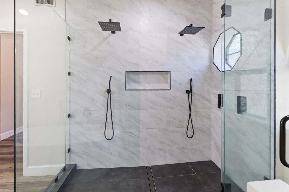 Bathroom, Glass Shower, Interior, Marble Walls, Recessed Lighting