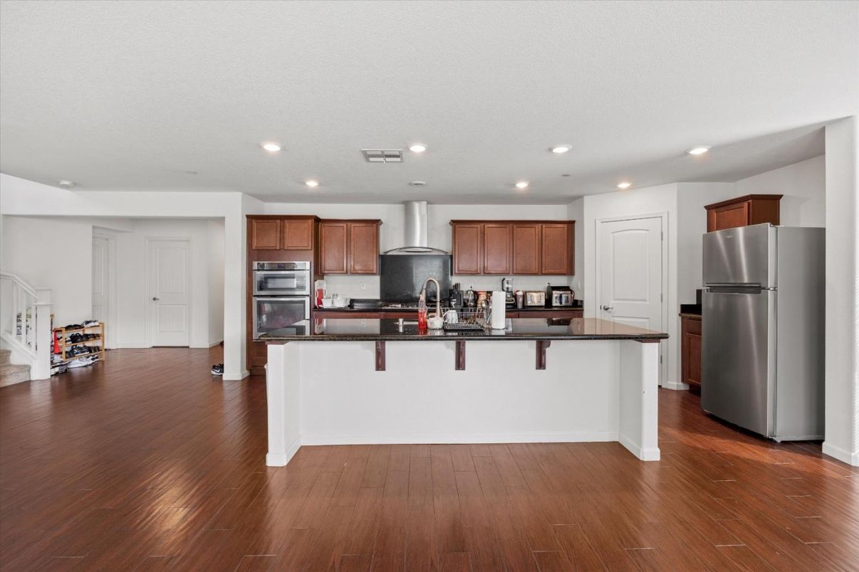 Interior, Kitchen, Recessed Lighting, Stainless Steel Appliances, Wood Texture Flooring