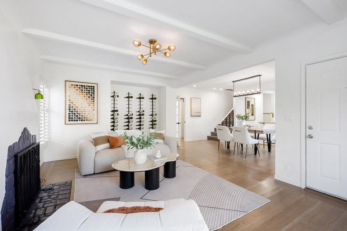 Chandelier, Dining room, Interior, Living room, Pendant Lights, Recessed Lighting, Wine Storage, Wood Texture Flooring