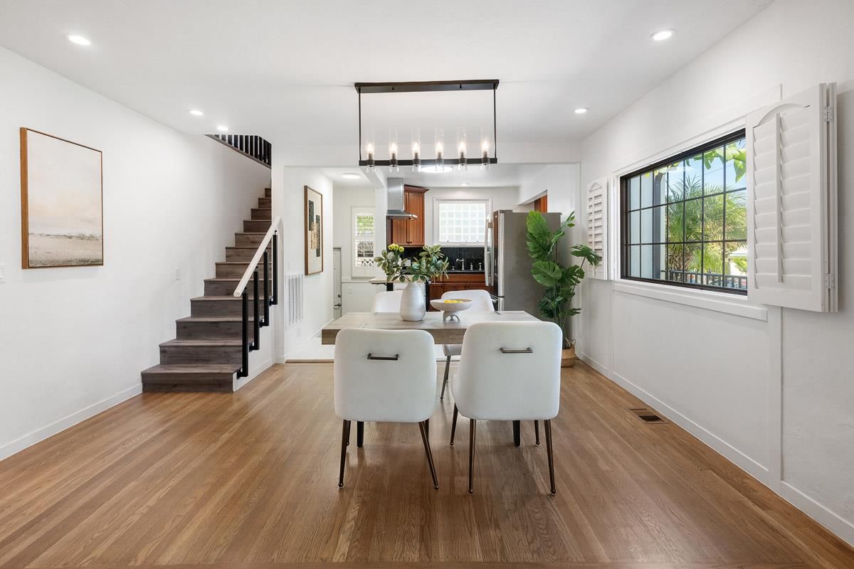 Dining room, Interior, Pendant Lights, Recessed Lighting, Wood Texture Flooring