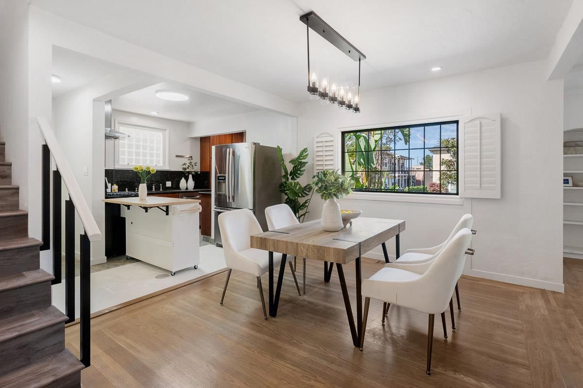 Dining room, Interior, Kitchen, Pendant Lights, Recessed Lighting, Stainless Steel Appliances, Wood Texture Flooring