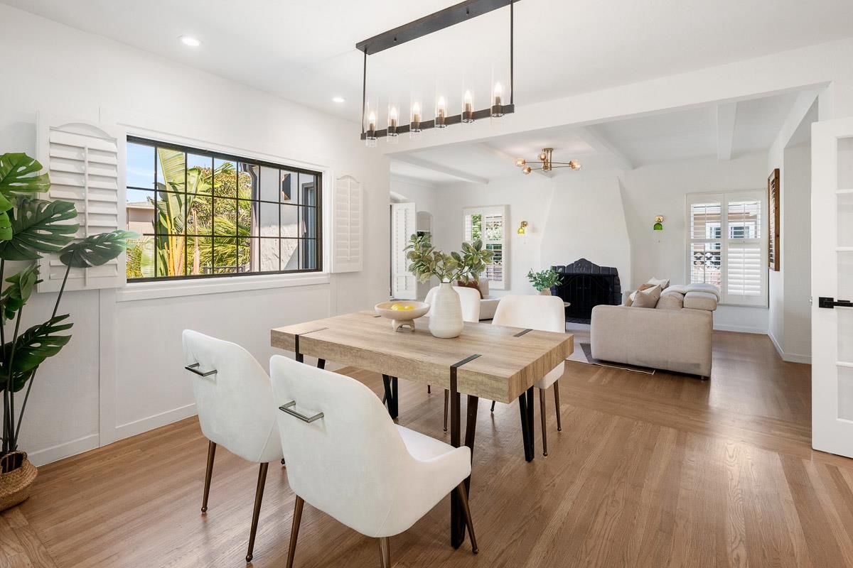 Dining room, Fireplace, Interior, Living room, Pendant Lights, Recessed Lighting, Wood Texture Flooring