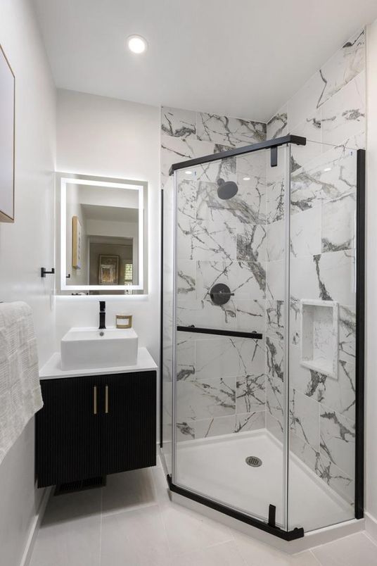 Bathroom, Glass Shower, Interior, Marble Walls, Recessed Lighting