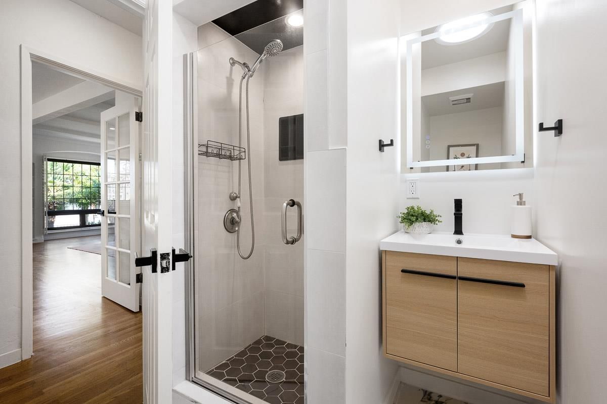 Bathroom, Glass Shower, Interior, Wood Texture Flooring