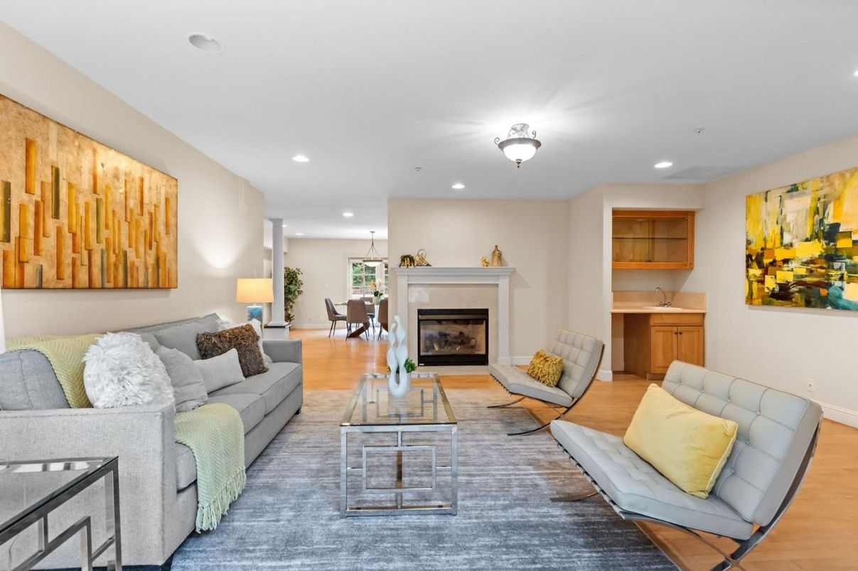 Dining room, Fireplace, Interior, Living room, Pendant Lights, Recessed Lighting, Wood Texture Flooring