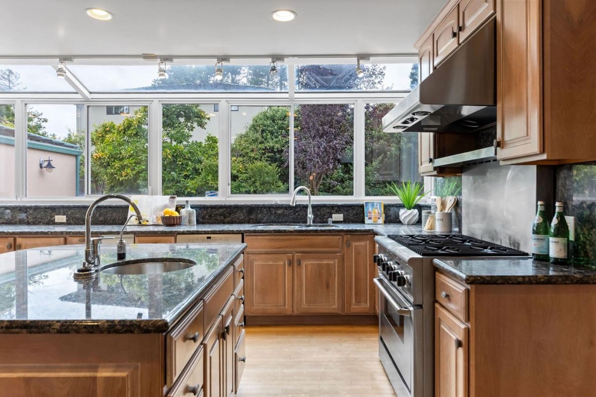 Glass Ceilings, Interior, Kitchen, Recessed Lighting, Stainless Steel Appliances, Wood Texture Flooring