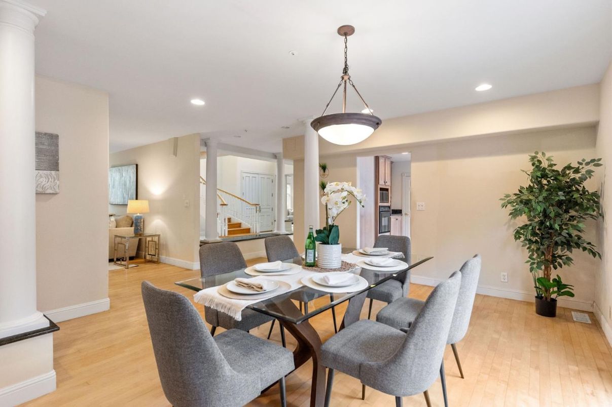 Dining room, Interior, Pendant Lights, Recessed Lighting, Wood Texture Flooring