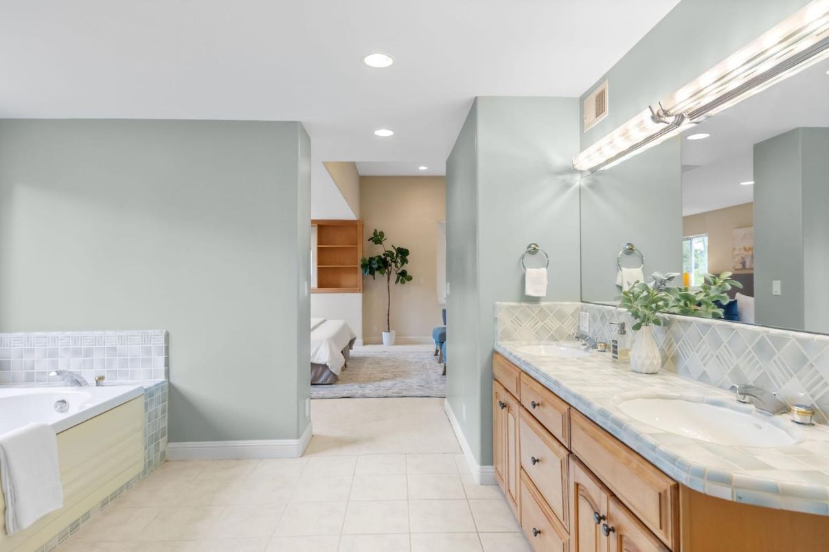 Bathroom, Dual Sink Vanities, Interior, Recessed Lighting, Tile Countertops