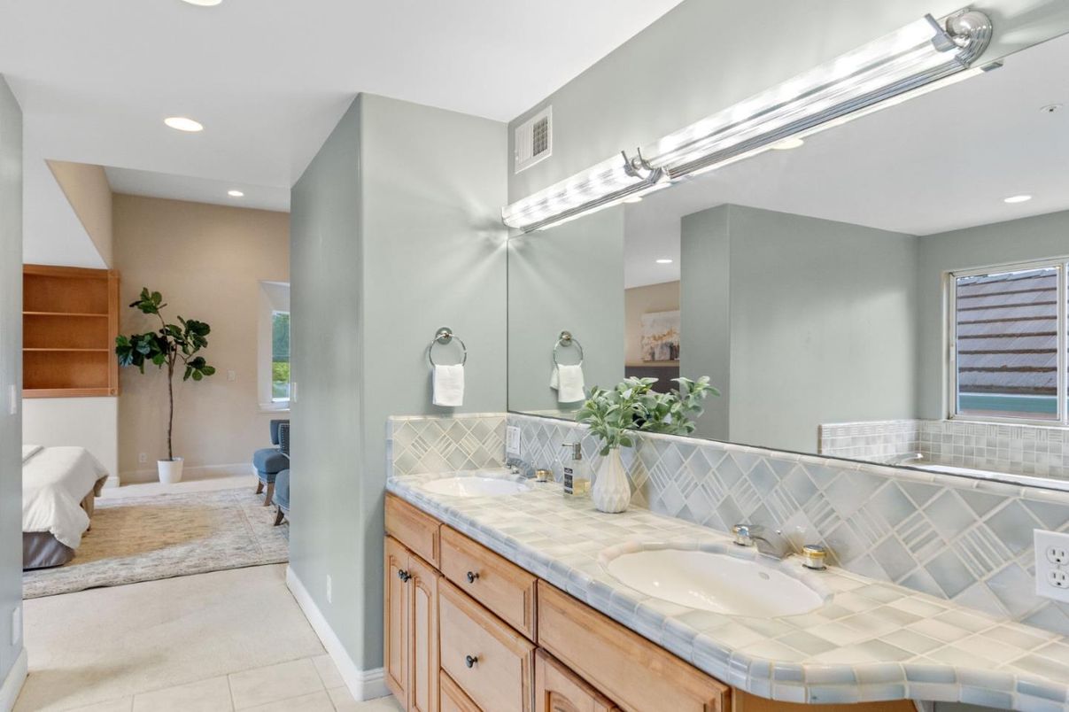 Bathroom, Dual Sink Vanities, Interior, Recessed Lighting, Tile Countertops