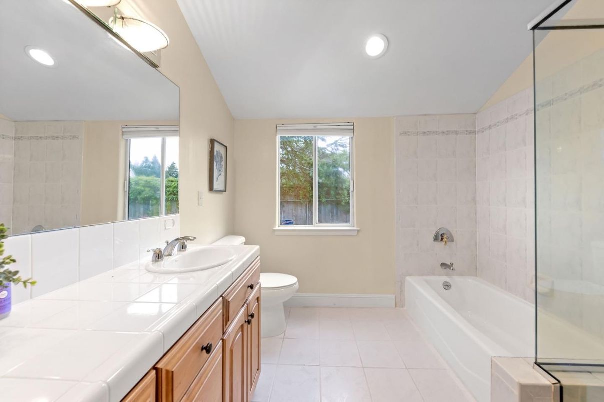 Bathroom, Glass Shower, Interior, Recessed Lighting, Tile Countertops