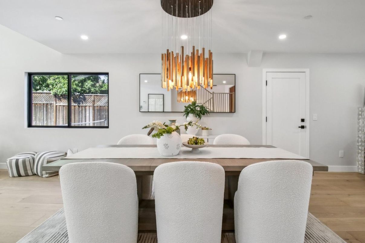 Dining room, Interior, Pendant Lights, Recessed Lighting, Wood Texture Flooring
