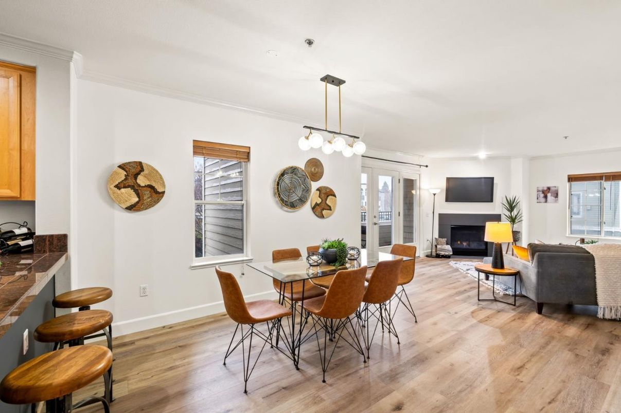 Dining room, Fireplace, Interior, Living room, Pendant Lights, Recessed Lighting, Wood Texture Flooring
