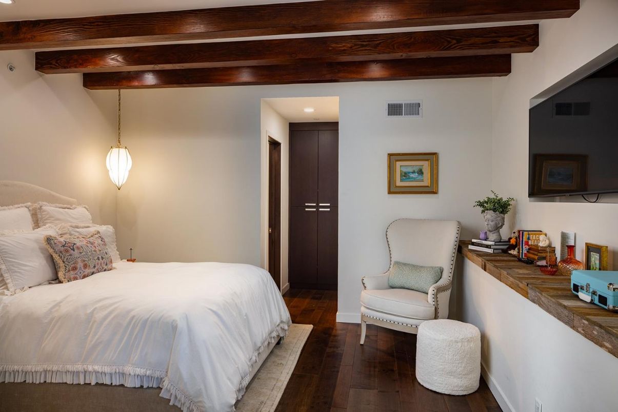 Bedroom, Interior, Pendant Lights, Recessed Lighting, Wooden Beams, Wood Texture Flooring