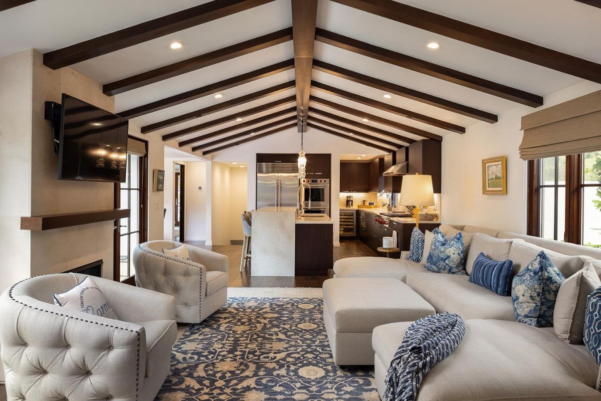 Fireplace, Interior, Kitchen, Living room, Pendant Lights, Recessed Lighting, Stainless Steel Appliances, Wooden Beams, Wood Texture Flooring