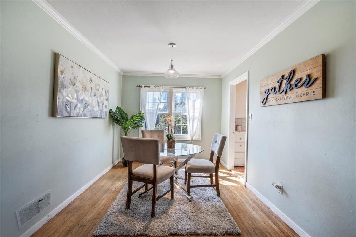 Dining room, Interior, Pendant Lights, Wood Texture Flooring