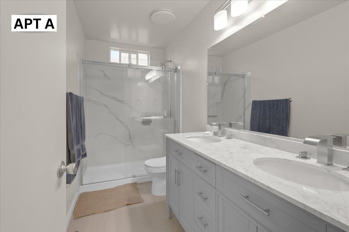 Bathroom, Dual Sink Vanities, Glass Shower, Interior, Marble Walls