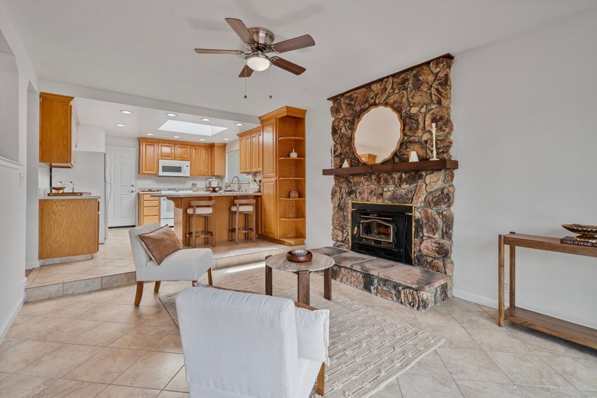 Fireplace, Interior, Kitchen, Living room, Recessed Lighting, Stone Walls