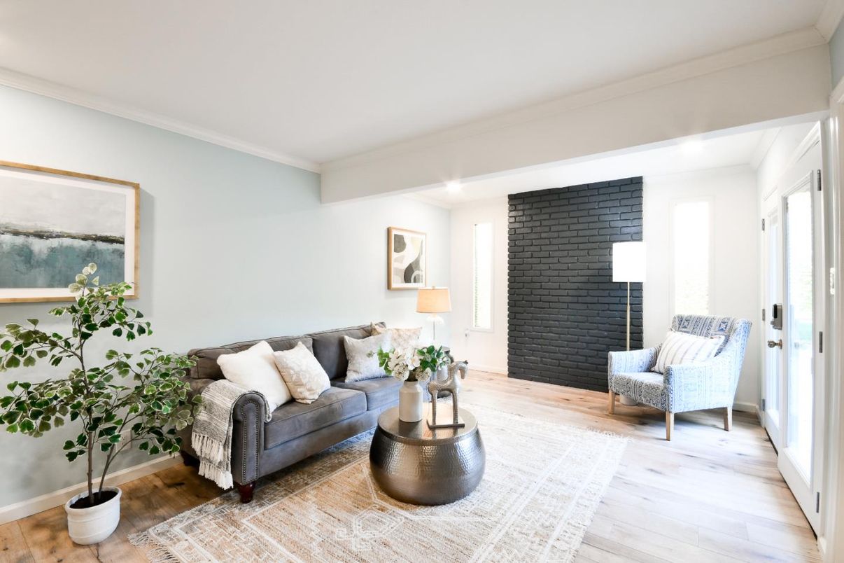 Interior, Living room, Stone Walls, Wood Texture Flooring