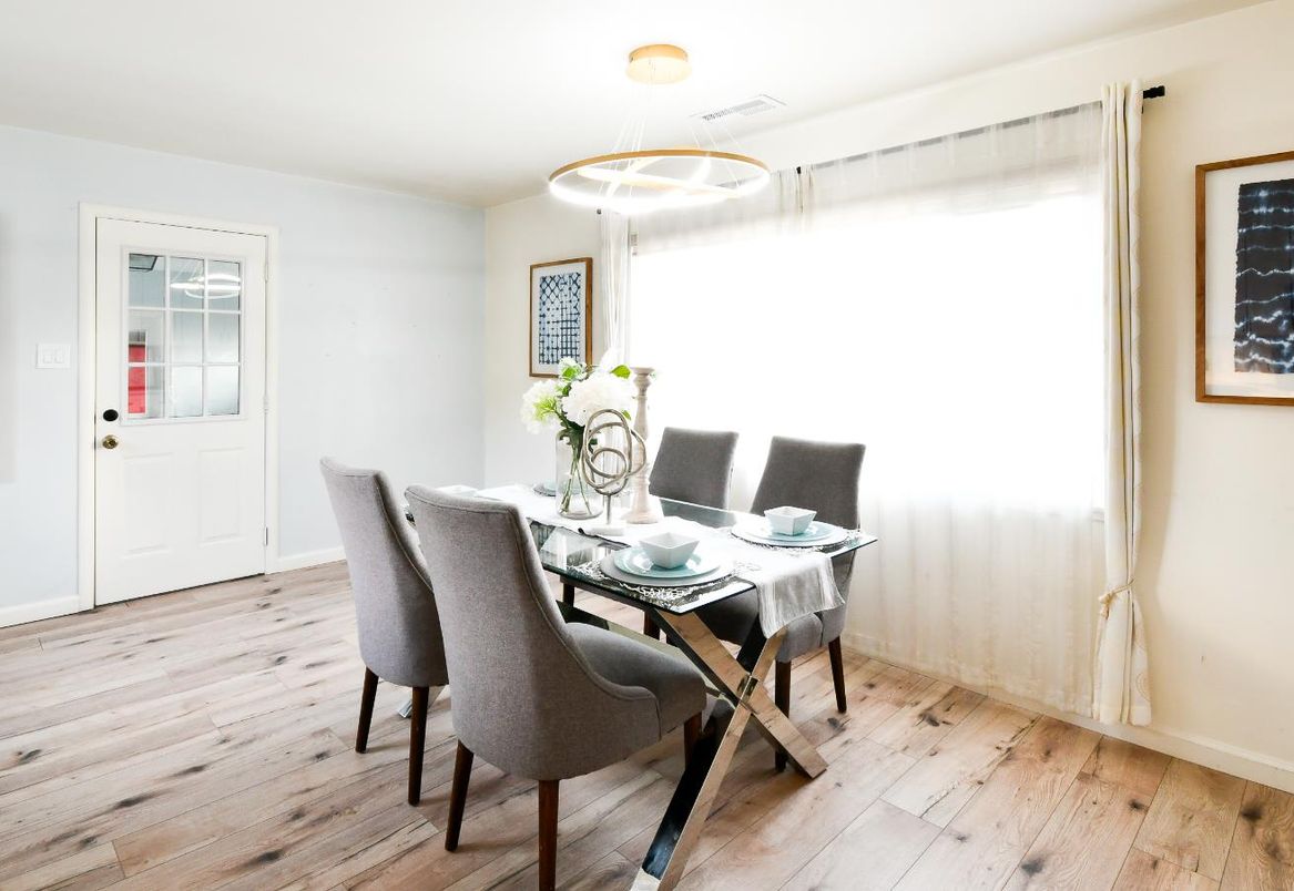 Dining room, Interior, Pendant Lights, Wood Texture Flooring