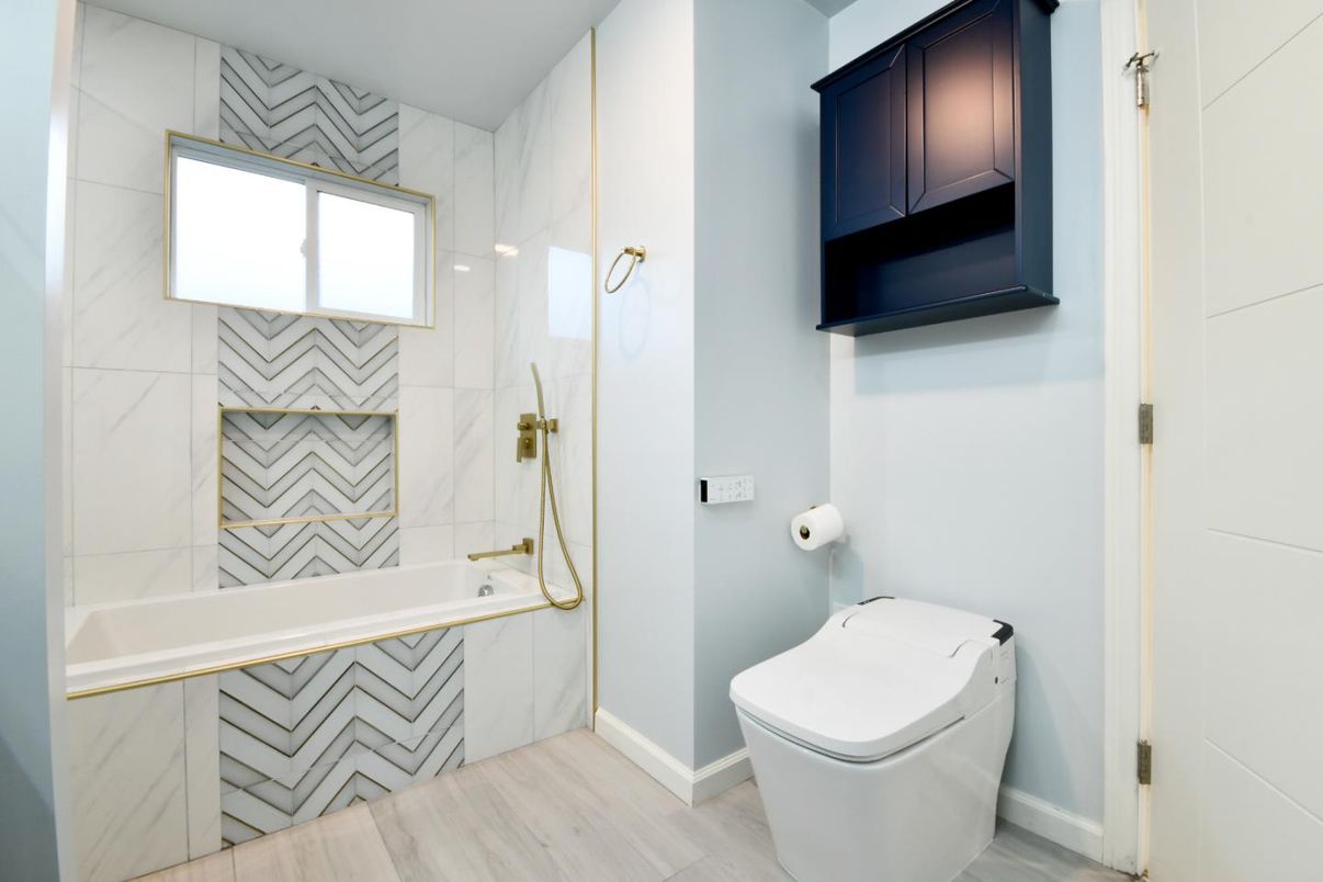 Bathroom, Interior, Marble Walls, Wood Texture Flooring