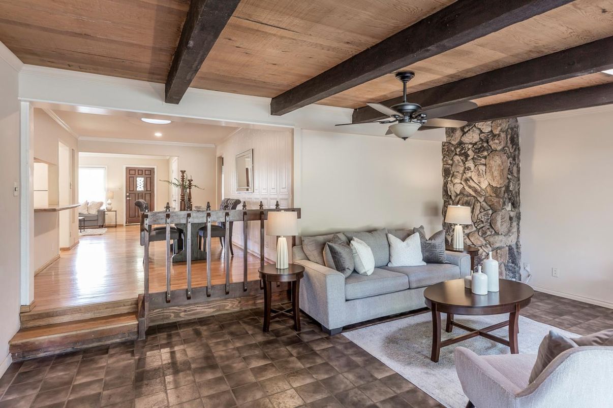 Interior, Living room, Recessed Lighting, Stone Walls, Wooden Beams, Wooden Ceilings